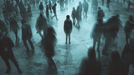 Fototapete - A lone person stands in the midst of a bustling crowd, their silhouette sharp against the blurred background, conveying a sense of isolation. Generative AI