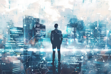 Wall Mural - A silhouette of a businessman standing in front of a modern cityscape with network connections. The image represents the interconnectedness of business and technology in a globalized world