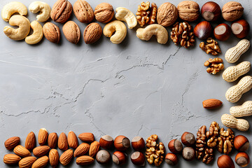 Wall Mural - A selection of nuts displayed in a circular arrangement on a table