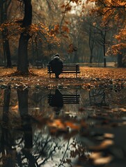 Poster - A person sits alone on a bench in a park, their face obscured by shadows. The scene is dominated by dark tones and a single beam of light coming through the trees. Generative AI