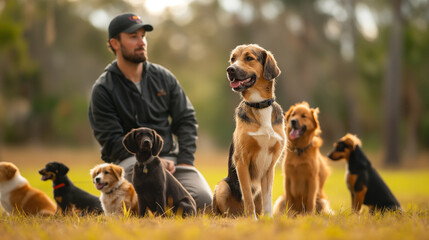 Wall Mural - A group of dogs with a f trainer in the park 