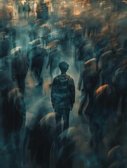 Poster - Person isolated in a city crowd, disconnected and alone. Background blurred, highlighting their solitude. Generative AI