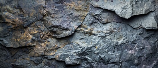 Poster - Dark gray rock face with a rugged and textured surface, creating a beautiful natural pattern. The intricate details of the stone are highlighted, showcasing its unique character