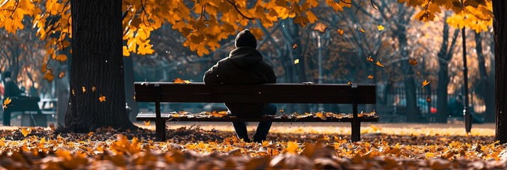 Poster - A person sits alone on a park bench, surrounded by fallen leaves, with only a sliver of sunlight illuminating the scene. Generative AI