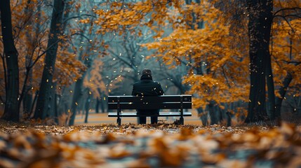 Poster - A person sits alone on a bench in a park, their face obscured by shadows as leaves fall around them. Generative AI