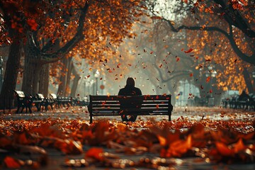 Poster - A solitary figure sits on a park bench, shrouded in shadow as leaves fall around them. Generative AI