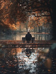 Poster - One person sits on a park bench, facing away from the viewer, under a sliver of sunlight. The scene feels melancholic and isolated in the fog. Generative AI