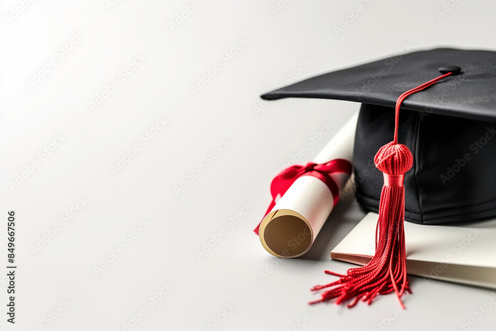 Black graduation cap and rolled up diploma with red ribbon are on white ...