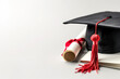 © alesia0604 - Black graduation cap and rolled up diploma with red ribbon are on white background with copy space