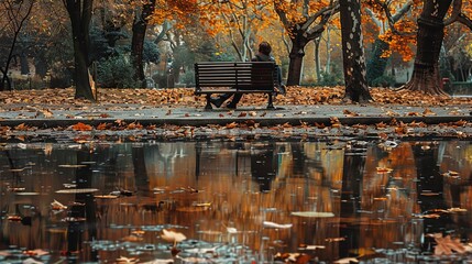Poster - A person sits alone on a park bench, their face obscured by shadow, as the sunlight filters through the trees. Generative AI