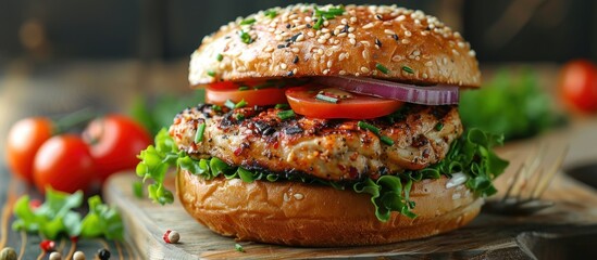 Wall Mural - Grilled chicken burger with tomatoes and red onion