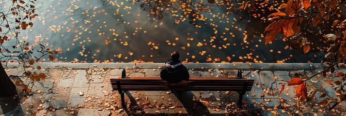Poster - A person sits alone on a bench, their face partially hidden by shadows, as autumn leaves fall around them. Generative AI