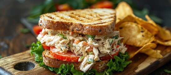 Wall Mural - Homemade chicken salad sandwich with chips