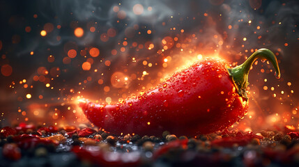 Wall Mural - Hot red chilli pepper on fire concept of spicy food and explosion
