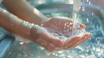 Close-up of hands under running water with soap. Concept of hygiene, cleanliness, and protection against germs with handwashing.