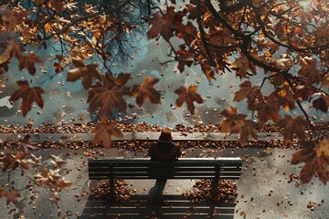 Poster - A solitary person sits on a bench, shrouded in shadows, surrounded by fallen leaves. The scene evokes feelings of isolation and melancholy. Generative AI