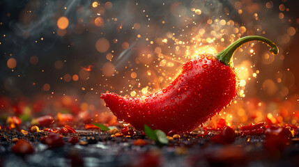 Wall Mural - Hot red chilli pepper on fire concept of spicy food and explosion
