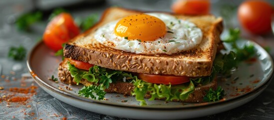 Wall Mural - Toasted sandwich with fried egg and tomato