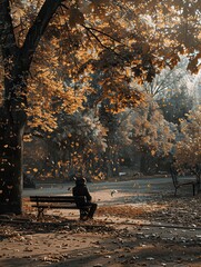 Poster - A solitary person sits on a park bench in the fall, surrounded by fallen leaves and bathed in golden light. Generative AI