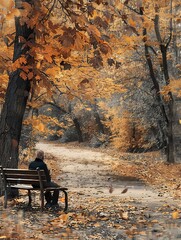Poster - A person sits alone on a wooden bench in an autumnal park, surrounded by fallen leaves. Generative AI