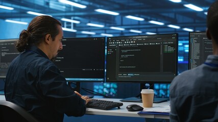 Poster - engineers coding together in high tech server hub, using computers to analyze data, ensuring seamles