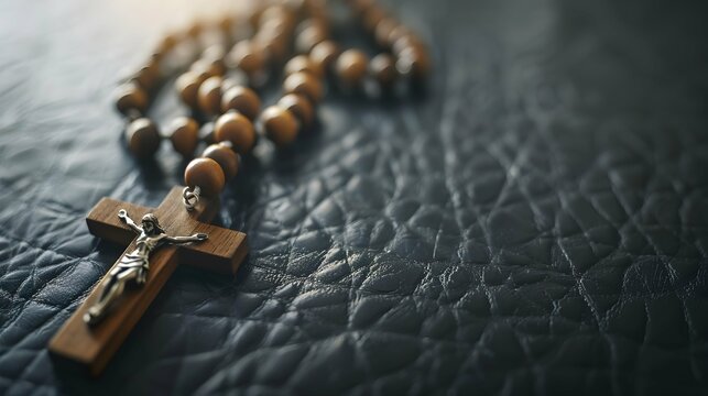 wooden rosary with beads and cross on a black leather, religious and faith concept