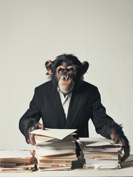 A monkey in a suit with a pile of documents, copy space