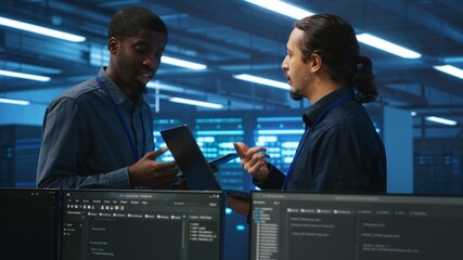 Poster - engineers working in high tech server farm, using laptop and tablet to analyze data, ensuring seamle