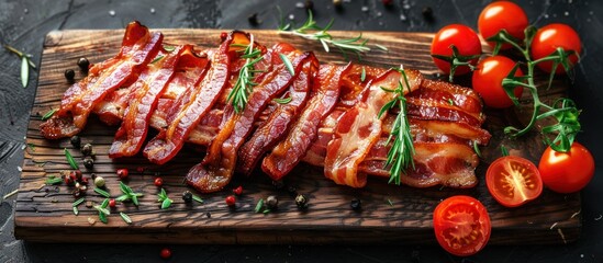 Wall Mural - Crispy bacon slices on a wooden cutting board