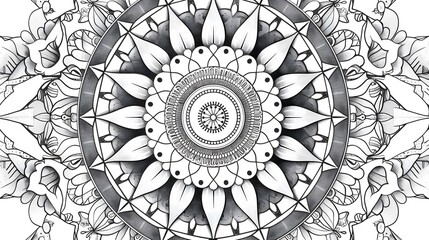 Wall Mural - Round mandala with floral pattern. Black and white coloring page