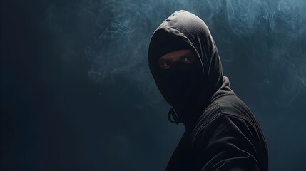 robber in black mask on dark background