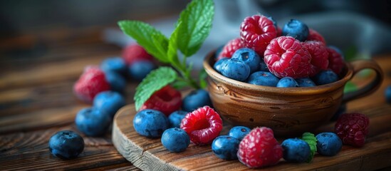 Wall Mural - Blueberries and raspberries in a bowl