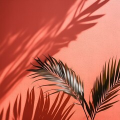 Poster - The silhouette of a tropical plant casts a gentle shadow on a textured coral pink wall, suggesting warmth and environment