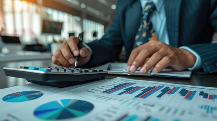 Poster - Close-up of a businessman using a calculator to calculate stock market profits and losses --ar 16:9 Job ID: e5a556a3-b783-4a46-9c20-60962c5c01a6