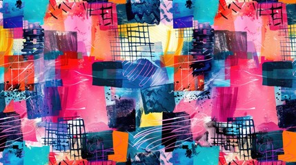 Poster - Patchwork design with mixed print and scribble threads in a seamless pattern with watercolor effect ideal for bed linen leggings shorts and the fashion sector