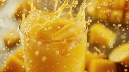 Wall Mural - Close-up of a glass of mango juice with a splash effect and mango slices