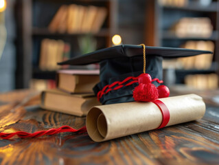 Wall Mural - A graduation cap and diploma are on a table