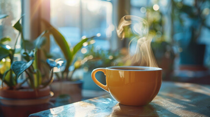 Wall Mural - A yellow coffee cup with steam rising from it sits on a table next to a potted p