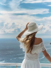 Wall Mural - beautiful young woman in white dress and hat enjoying the sea view