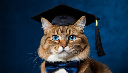 Fluffy funny cat wearing a graduate black hat and a stylish bow tie on dark blue background with copy space. Education and back to school concept.	