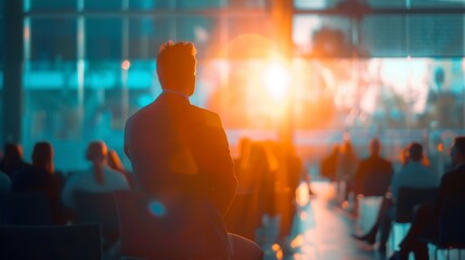 Back view of a man gazing at a conference or seminar hall