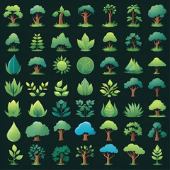 Canvas Print - set of trees icons isolated on black background, different trees types, four seasons 