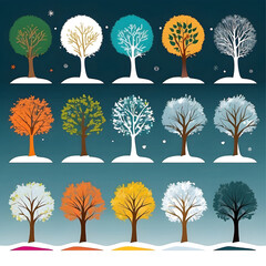 Canvas Print - set of trees icons isolated on blank background, different trees types, four seasons 