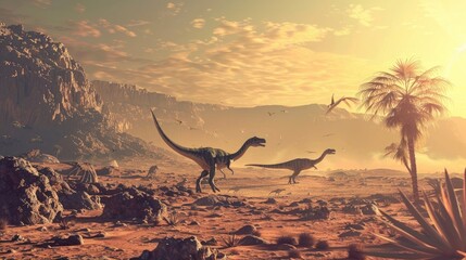 Dinosaurs roaming in a desert landscape, prehistoric, creatures, ancient, wildlife, extinct, desert, arid, ecosystem, sand, hot, sun, dry, roaming, fossil, historical, reptiles, danger