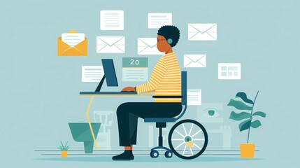 Wall Mural - Email Accessibility: An inclusive image showing a person using assistive technology to read and respond to emails.