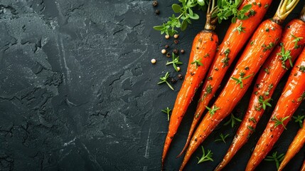Wall Mural - Ready to Eat Roasted Carrots with Herb and Garlic Glaze Top View on a Dark Background