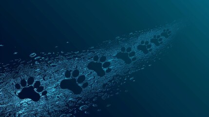 Mysterious paw prints trail across a digital landscape suggesting cyber-animal concepts in blue tones