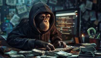 hacker monkey wearing a hoodie sitting in front of a computer is hacking a computer system