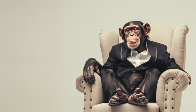 A monkey wearing a suit sits on a big chair on a plain white studio background, copy space
