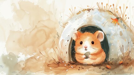 Sticker - A cute cartoon hamster holding a nut in front of a small den.